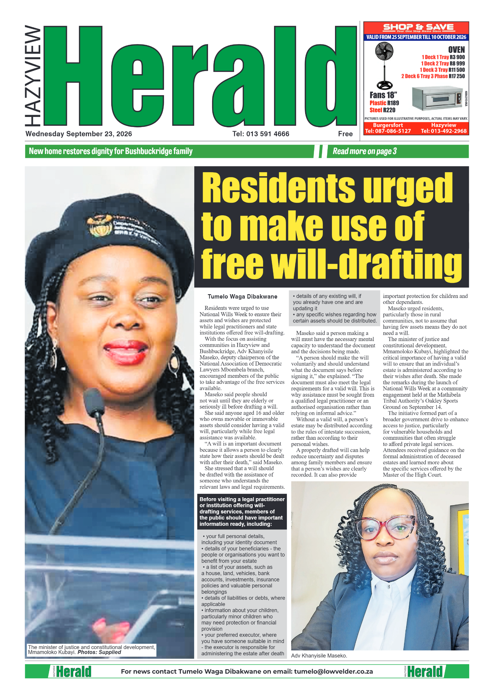 Hazyview Herald 23 September 2026 page 1