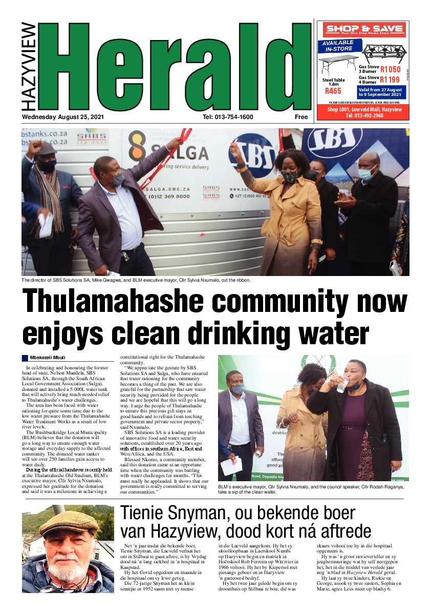 Hazyview Herald 25 August 2021 page 1